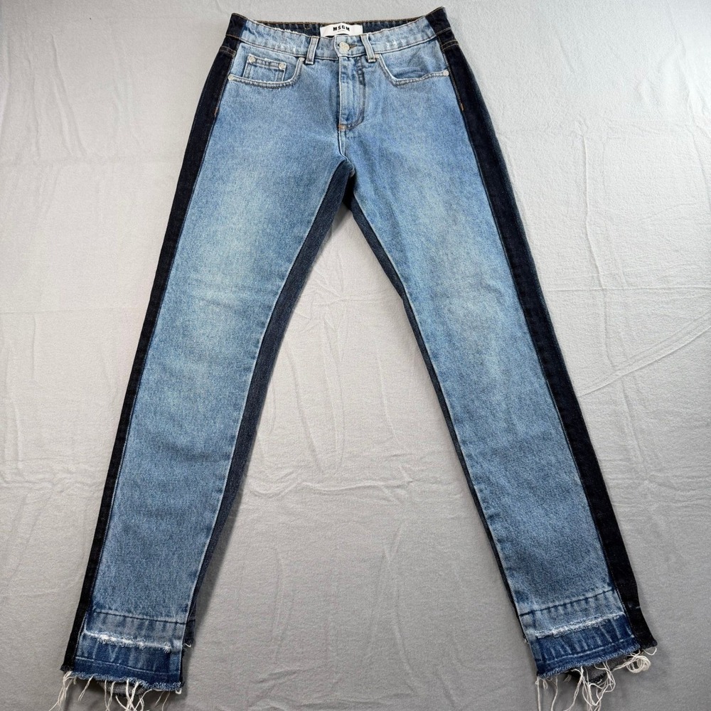 MSGM Blue Two Tone Straight Leg Jeans Womens 38 Frayed Hem - Picture 2 of 11